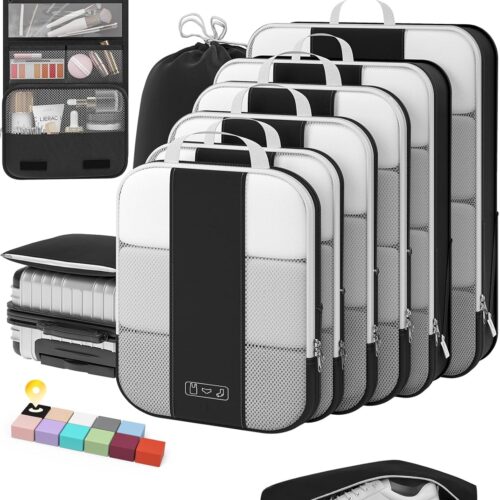 71Jre8coIVL._AC_SL1500_.jpg 10 Set Compression Packing Cubes for Travel Essentials,Compressible Expandable Packing Cubes for Suitcase,OlarHike Luggage Organizer Bags for Travel,Handy Helper for Organizing Clothes(Black)