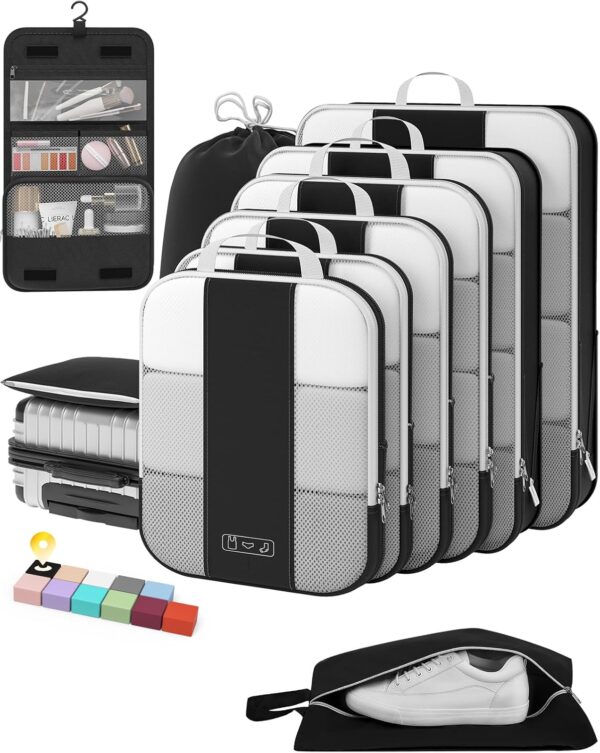 71Jre8coIVL._AC_SL1500_.jpg 10 Set Compression Packing Cubes for Travel Essentials,Compressible Expandable Packing Cubes for Suitcase,OlarHike Luggage Organizer Bags for Travel,Handy Helper for Organizing Clothes(Black)