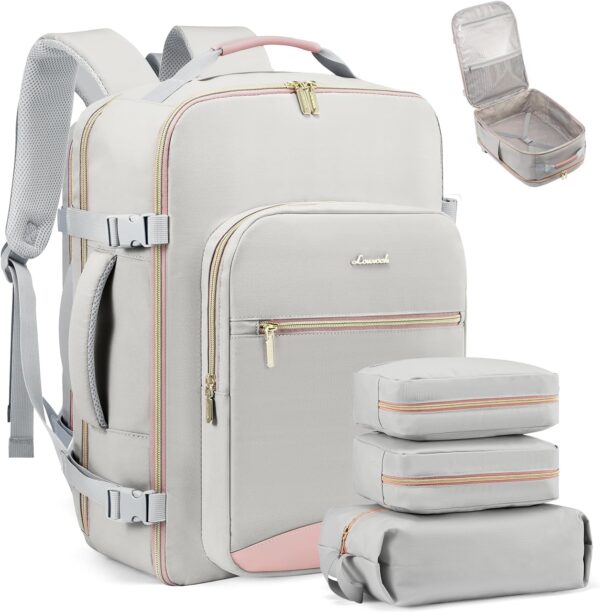 71KXcYOwnIL._AC_SL1500_.jpg LOVEVOOK Carry on Travel Backpack, 40L Waterproof Large 17inch Laptop Luggage Daypack as Personal Item Flight Approved, Business Weekender Overnight with 3 Packing Cubes, Light gray-Pink