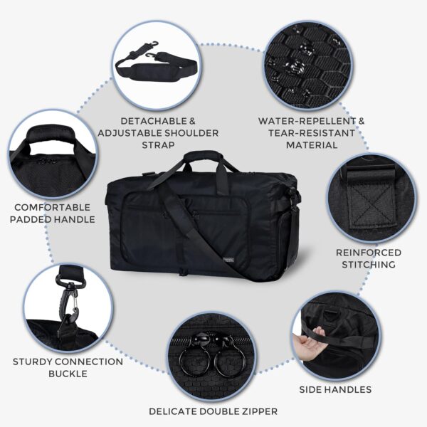 71KcwPk3wL._AC_SL1500_.jpg Fmeida 65L Duffle Bag with Shoes Compartment, Foldable Travel Duffel Bags for Men Women, Large Packable Travel Bag Water Repellent & Tear Resistant (Black)
