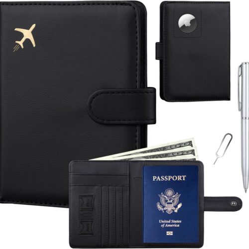 71N-W2S9XHL._AC_SL1500_.jpg GOAUS Passport Holder for Travel with Airtag Card Slots, Money Pocket, Women Men RFID Blocking Wallet Book Case Black