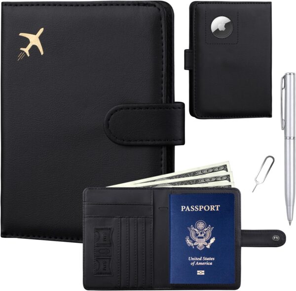 71N-W2S9XHL._AC_SL1500_.jpg GOAUS Passport Holder for Travel with Airtag Card Slots, Money Pocket, Women Men RFID Blocking Wallet Book Case Black