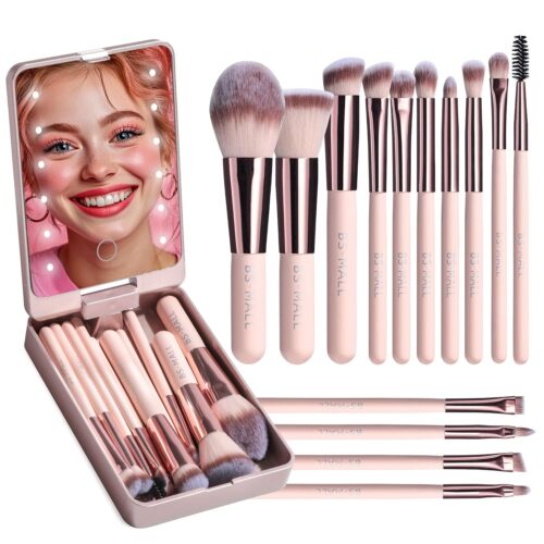 71OcukY0e6L._SL1500_.jpg BS-MALL Makeup Brushes Foundation Powder Concealers Eye Shadows Makeup Set with LED light Mirror 14 Pcs Mini Makeup Brushes (APINK)