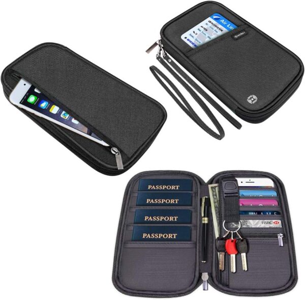 71PdsvG9CL._AC_SL1000_.jpg RFID Passport Wallet with Vaccine Card Slot, Family Travel Passport Holder Document Organizer Bag with Wrist & Neck Double Strap