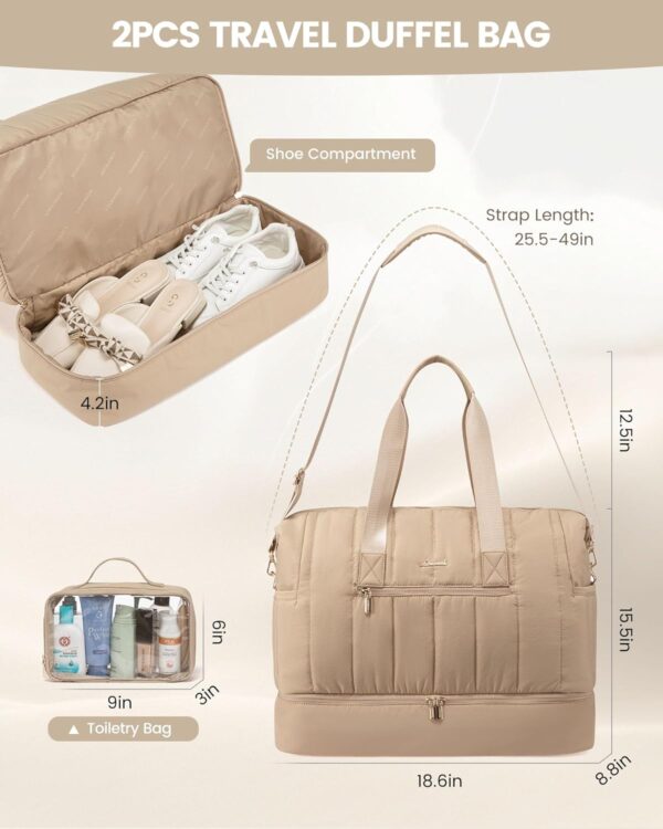 LOVEVOOK Travel Duffle Bag,Puffer Weekender Bags For Women with Shoe Compartment,42L Carry On Duffel Bags For Airplanes,Hospital Bag for Labor and Delivery,Overnight Bag With Toiletry Bag,2Pcs Set