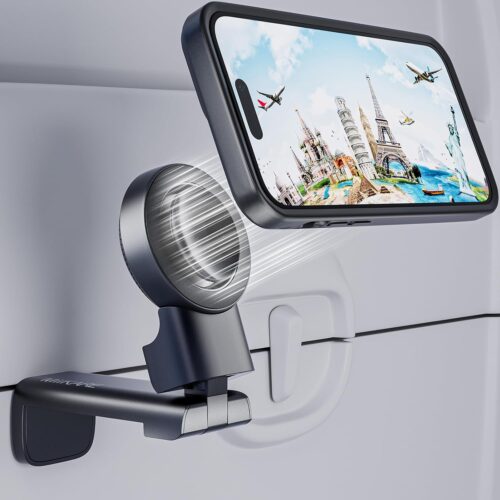 71RJvUWXx2L._AC_SL1500_.jpg MiiKARE Airplane Travel Essentials Magnetic Phone Holder, Universal Handsfree Phone Mount for Flying with 360 Degree Rotation, Travel Must Haves Phone Stand for Desk, Tray Table, Black