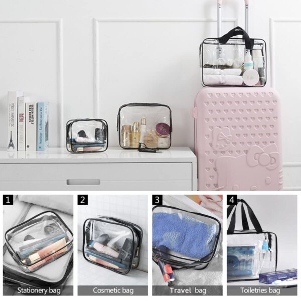71SjUX6m-6L._SL1200_.jpg 3Pcs Crystal Clear PVC Travel Toiletry Bag Kit for Women Men, Waterproof Vinyl Organizer Makeup Bags with Zipper Handle Straps, Cosmetic Bag Pouch Carry on Airport Airline Compliant Bag Handbag