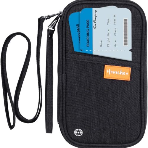 71UR5V4qbbL._AC_SL1000_.jpg RFID Passport Wallet with Vaccine Card Slot, Family Travel Passport Holder Document Organizer Bag with Wrist & Neck Double Strap