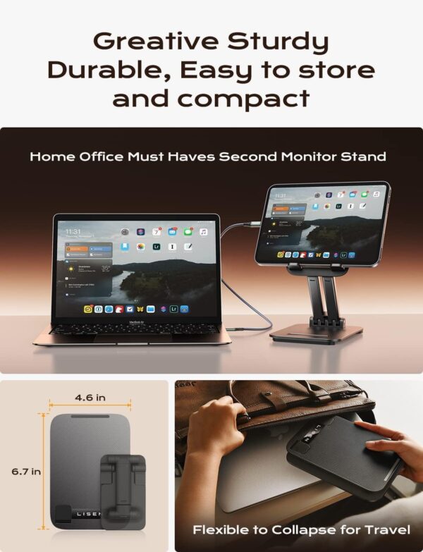 71W4kC569fL._AC_SL1500_.jpg LISEN Tablet Stand for iPad Stand Holder Desk, Foldable Home Office Desk Accessories Travel for iPad Holder Dorm College Essentials Portable Monitor Stand Fits Tabs Kindle iPhone 4-15.9" Black