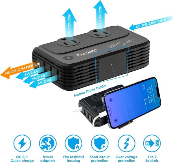 ALLWEI Travel Voltage Converter 220V to 110V Power International Travel Adapter for Hair Straightener/Curling Iron, Universal Power Plug Adapter UK, US, AU, EU, IT, India (Black)