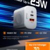 23W for Apple Watch Charger, Portable Dual Ports Fast Charging Plug, USB C Wall Power Adapter for Apple Watch 9/8/7/6/5/4/3/SE/Ultra, Compatible with iPhone Samsung AirPods Android-White