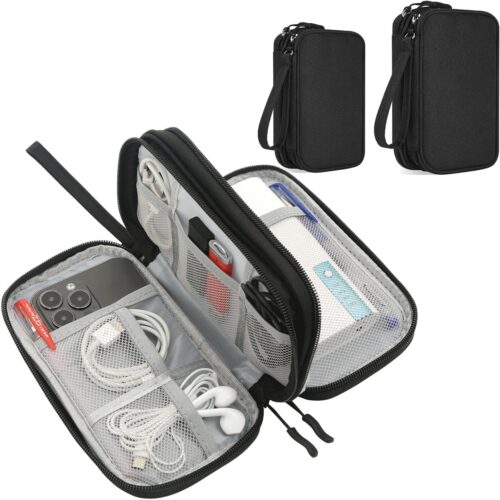 Electronics Organizer Travel Case, 2 Pack Electronic Accessories Carry Case, Waterproof Cable Organizer Bag for Cable, Cord, USB Charger, Phone, Power Bank, Earphone (Small+Big, Black)