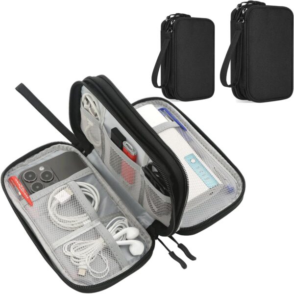 Electronics Organizer Travel Case, 2 Pack Electronic Accessories Carry Case, Waterproof Cable Organizer Bag for Cable, Cord, USB Charger, Phone, Power Bank, Earphone (Small+Big, Black)