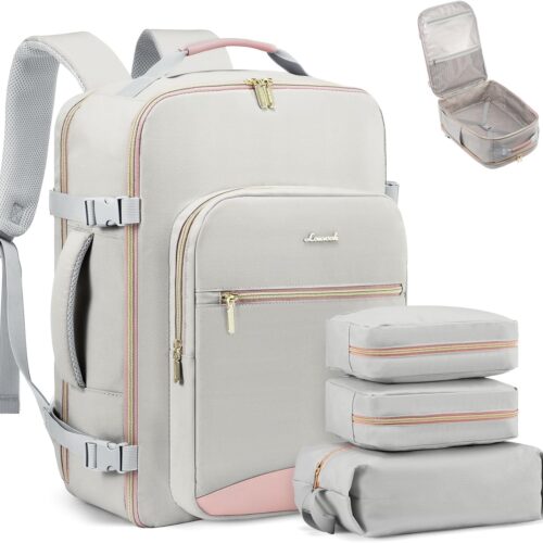 71cPWIae4RL._AC_SL1500_.jpg LOVEVOOK Carry on Travel Backpack, 40L Waterproof Large 17inch Laptop Luggage Daypack as Personal Item Flight Approved, Business Weekender Overnight with 3 Packing Cubes, Light gray-Pink