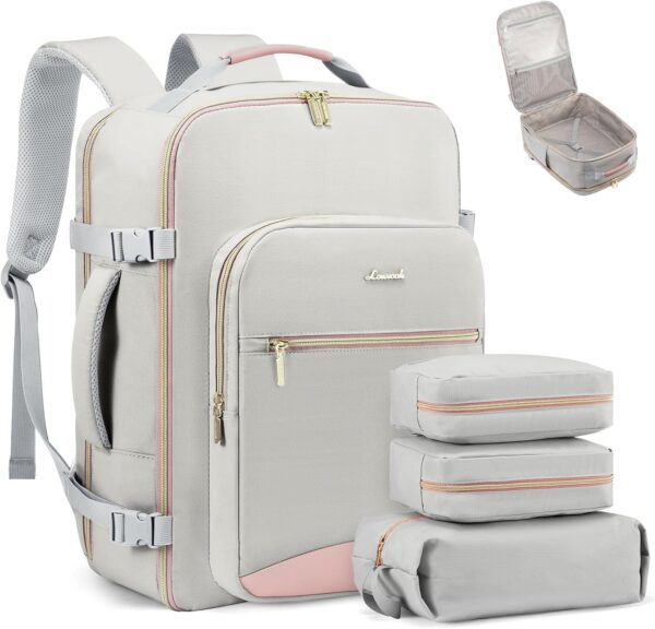 71cPWIae4RL._AC_SL1500_.jpg LOVEVOOK Carry on Travel Backpack, 40L Waterproof Large 17inch Laptop Luggage Daypack as Personal Item Flight Approved, Business Weekender Overnight with 3 Packing Cubes, Light gray-Pink