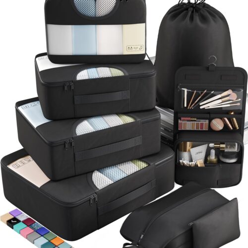 Veken 8 Set Packing Cubes for Travel Essentials, Suitcase Organizer Bags Set for Luggage, Road Trip Travel Accessories in 4 Sizes (Extra Large, Large, Medium, Small), Black