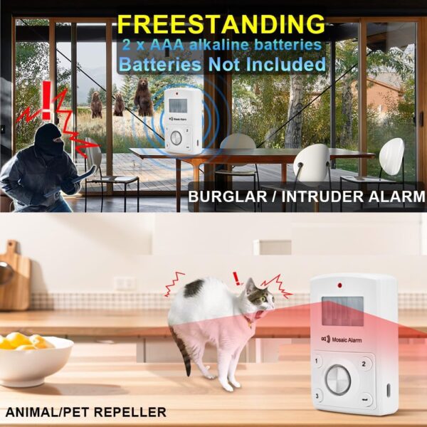 71eZdXyITTL._AC_SL1000_.jpg 135dB Remote Motion Sensor Alarm Loud Sound for Garage, Shed. Portable Battery Operated Keypad Alert for Travel, Camp. Freestanding Indoor Home Security Motion Detecting Siren. Cordless or USB Power