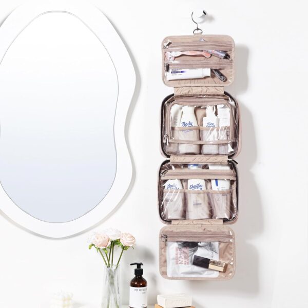 71ia9s-WPL._SL1500_.jpg NISHEL Travel Toiletry Bag for women, Portable Hanging Organizer for Travel-Sized Shampoo, Conditioner, Brushes Set, makeup Accessories, Medium Size, Pink