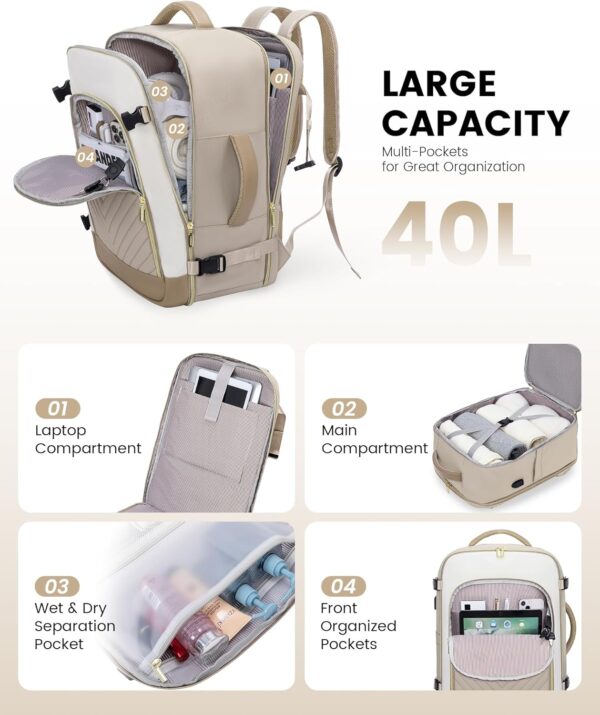 71mq6YMdaoL._AC_SL1500_.jpg LOVEVOOK Large Travel Backpack for Women, TSA Carry on Backpack for Airplanes, 40L Personal Item Travel Bag for Women fits 17" Laptop,Waterproof Carry on Bag Airplane Approved with 3 Packing Cubes