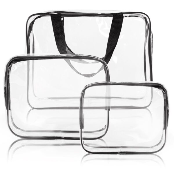 71nqjLliQKL._SL1200_.jpg 3Pcs Crystal Clear PVC Travel Toiletry Bag Kit for Women Men, Waterproof Vinyl Organizer Makeup Bags with Zipper Handle Straps, Cosmetic Bag Pouch Carry on Airport Airline Compliant Bag Handbag
