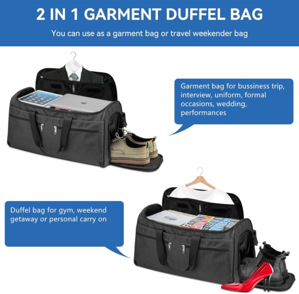 71pM44gfCsL._AC_SL1500_.jpg Garment Duffle Bags for Travel, Bukere Convertible Carry on Garment Duffel Bag for Men Women, Shoe Compartment, 2 in 1 Hanging Dress Suitcase Suit Travel Bags, Midnight Grey