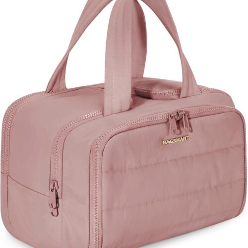 71qHvfrZmL._AC_SL1500_.jpg BAGSMART Travel Toiletry Bag, Lightweight Large Wide-open Travel Bag for Women, Puffy Cosmetic Makeup Bag Organizer with Handle for Accessories,Essentials, Toiletries, Dark Pink