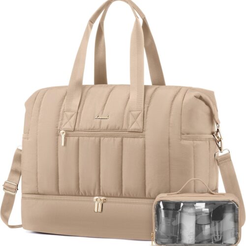 LOVEVOOK Travel Duffle Bag,Puffer Weekender Bags For Women with Shoe Compartment,42L Carry On Duffel Bags For Airplanes,Hospital Bag for Labor and Delivery,Overnight Bag With Toiletry Bag,2Pcs Set