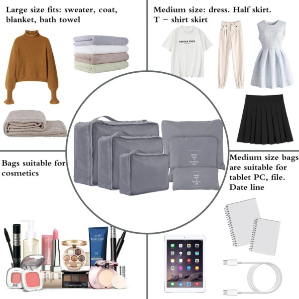 71sMMF2DZL._AC_SL1500_.jpg Travel Packing Cubes 6 Set, Lightweight Luggage Organizers, Essential Accessories for Clothes Shoes Electronics Cosmetics Toiletries(Grey)
