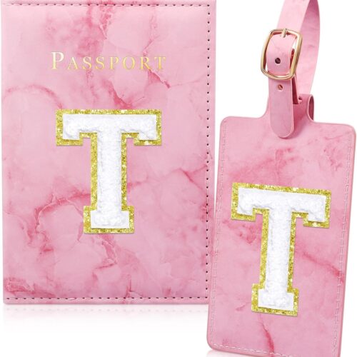 71szq4dhg9L._AC_SL1500_.jpg Pink Passport Cover Cute Passport Book Holder for Travel Luggage Tag Set with Initial Monogram Letter Marble Airplane Travel Essentials Personalized Cruise Accessories Trip Favor Gifts for Women Girls