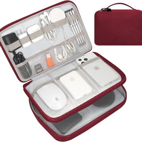 FYY Electronic Organizer, Travel Cable Organizer Bag Pouch Electronic Accessories Carry Case Portable Waterproof Double Layers All-in-One Storage Bag for Cable, Cord, Charger, Phone, Hard Drive Red