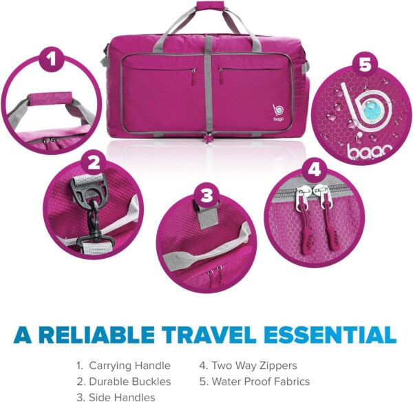 71thhvM9cL._AC_SL1440_.jpg Bago Foldable Duffel Bags for Traveling Women & Men - 60L Medium Packable Duffle Bag for Travel with Shoe Compartment - Water Repellant, Heavy Duty, Lightweight Folding & Collapsible (Pink)