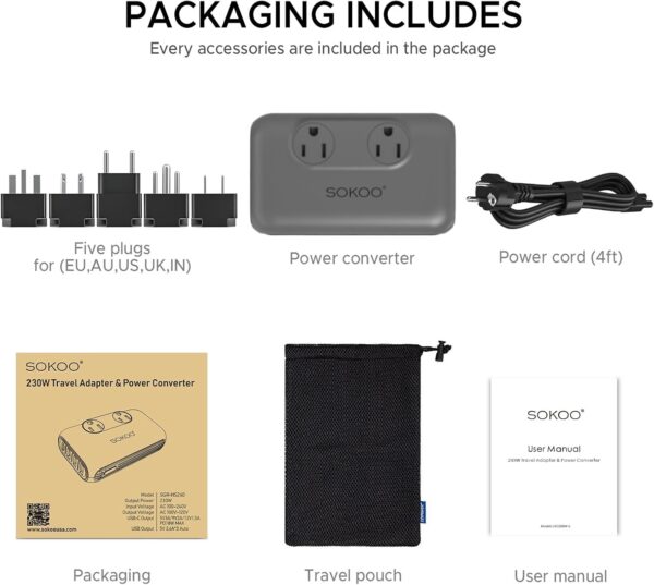 71vFH9bLpL._AC_SL1500_.jpg SOKOO 230-Watt Step Down 100-220V to 110V Voltage Converter, International Power Converter/Travel Adapter- Use for EU/UK/AU/US/India More Than 150 Countries, USB Quick Charger 3.0 Grey