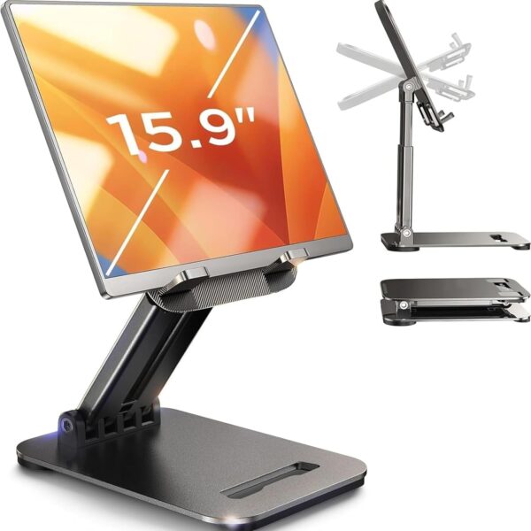 71vrRidPzqL._AC_SL1500_.jpg LISEN Tablet Stand for iPad Stand Holder Desk, Foldable Home Office Desk Accessories Travel for iPad Holder Dorm College Essentials Portable Monitor Stand Fits Tabs Kindle iPhone 4-15.9" Black