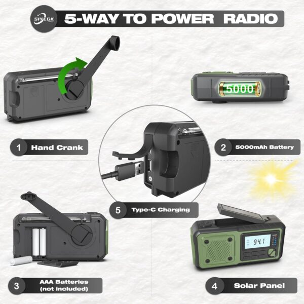 71wFNk6iwCL._AC_SL1500_.jpg Crank Emergency Radio 5000mAh, Weather Radio, Solar Radios Battery Operated, NOAA/AM/FM Weather Alert Radios with Power Bank Phone Charger, SOS Alarm, Flashlight & Reading Lamp Indoor Outdoor