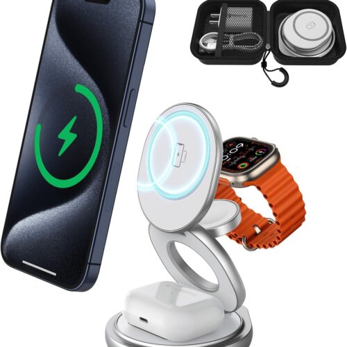 71wa3bJujiL._AC_SL1500_.jpg 3 in 1 Charging Station for Apple Magsafe Travel Charger for Multiple Devices Aluminum Foldable Magnetic Wireless Charger with 360 Rotating for iPhone 16/15/14/13/12 Series,for iWatch,for Airpods