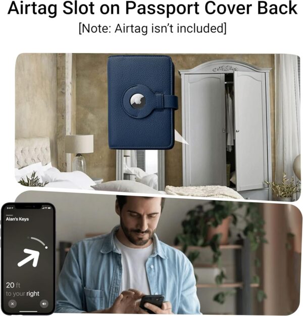 Passport Holder for Travel RFID and Airtag Slot for Women/Men, Faux Leather Passport Holder & Travel Wallet with Security Luggage Tag (Navy Blue)