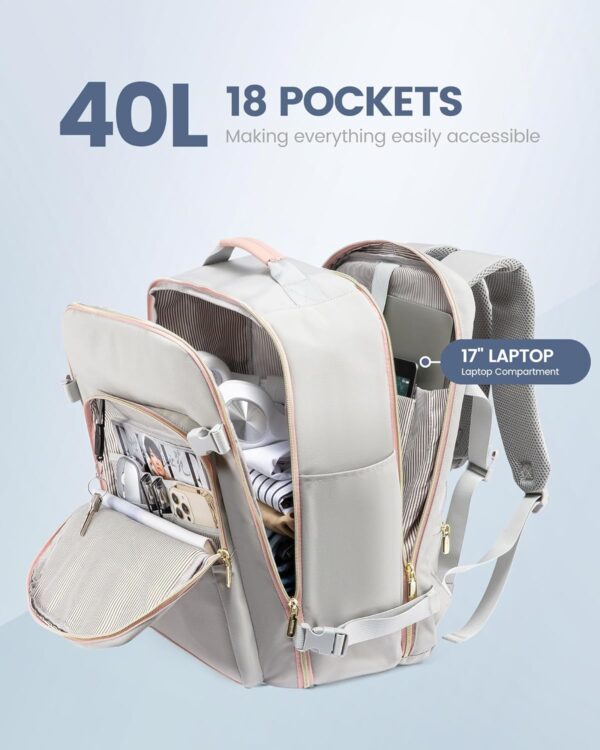 815V5gZz7L._AC_SL1500_.jpg LOVEVOOK Carry on Travel Backpack, 40L Waterproof Large 17inch Laptop Luggage Daypack as Personal Item Flight Approved, Business Weekender Overnight with 3 Packing Cubes, Light gray-Pink