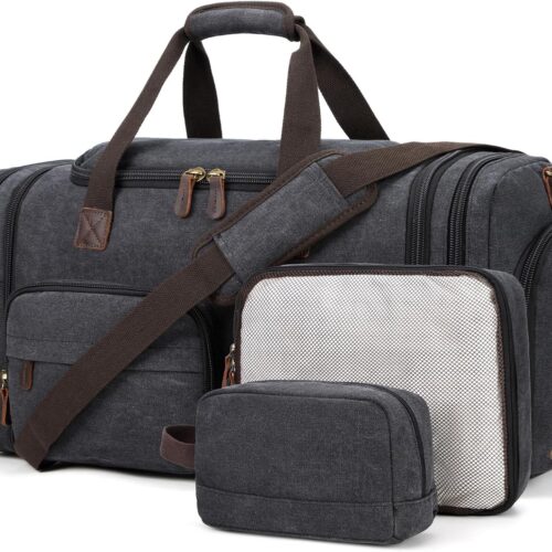 Mens Duffle Bag for Travel 3Pcs Set Travel Bags for Men 60L Expandable Canvas Bag (Dark Gray)