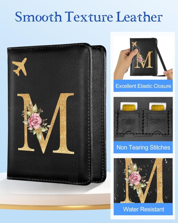Slohif Initial Passport Holder Cover Wallet Case for Travel Women - Leather Letter Passport Book Family Multiple Personalized Organizer Card Slots Protector Sleeve Essentials Slim Carrier Black M