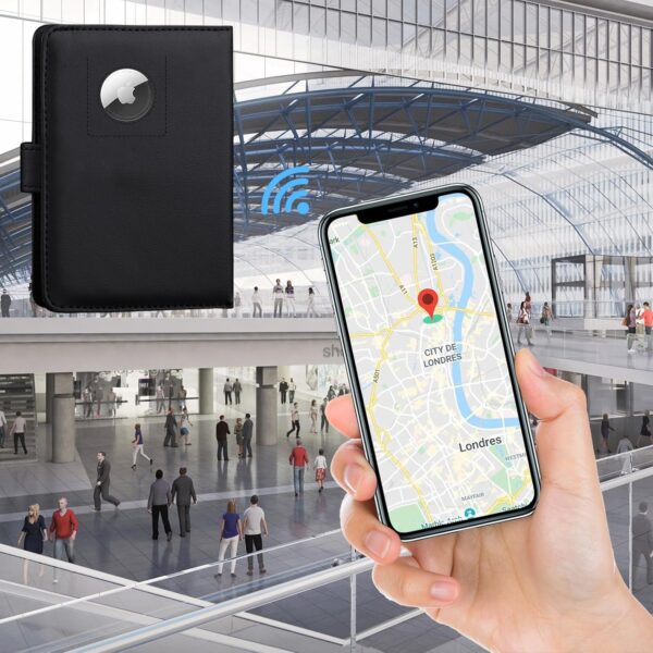 81AErJ7lSUL._AC_SL1500_.jpg GOAUS Passport Holder for Travel with Airtag Card Slots, Money Pocket, Women Men RFID Blocking Wallet Book Case Black