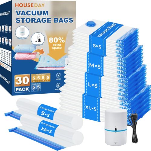 81BcmArVqbL._AC_SL1500_.jpg HOUSE DAY 30 Pack Vacuum Storage Bags with Electric Pump, 4 Sizes + 2 Roll-Up (5 Each), Space Saver Vacuum Seal Bags for Clothing, Bedding, Pillows, Travel – Airtight Seal, Reusable & Durable