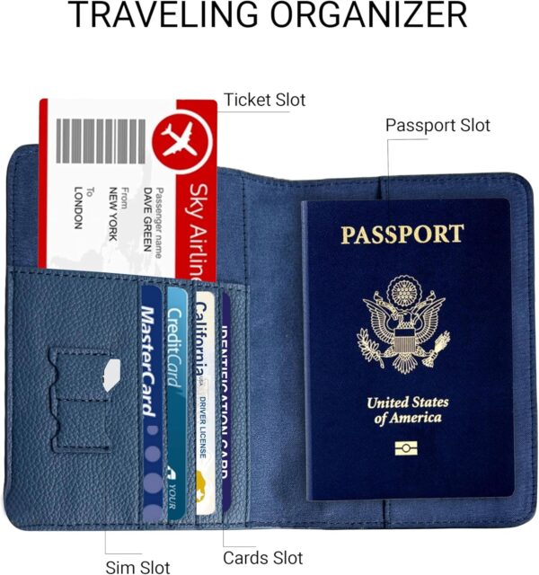 Passport Holder for Travel RFID and Airtag Slot for Women/Men, Faux Leather Passport Holder & Travel Wallet with Security Luggage Tag (Navy Blue)