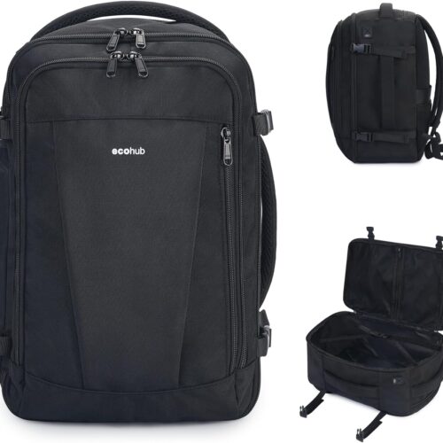 ECOHUB Travel Backpack 18x14x8 Spirit Airlines Personal Item Bag Carry On Backpack 13 Pockets Large Work Casual Daypack for men Airline Approved Waterproof Gym Backpack with Charging Port, Black