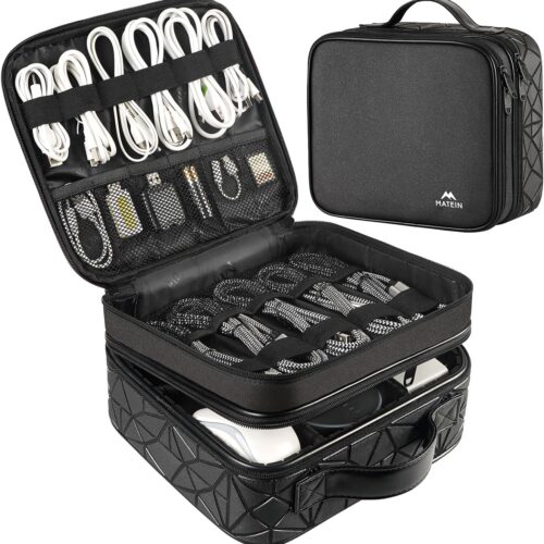 81LpqQQwOZL._AC_SL1366_.jpg MATEIN Cable Organizer Bag, Waterproof Travel Electronic Storage with Adjustable Divider, Shockproof Portable Double Layer Tech Bag Carrying Case for Cord, Earbuds, Charger, SD Card, DJ Gifts, Black