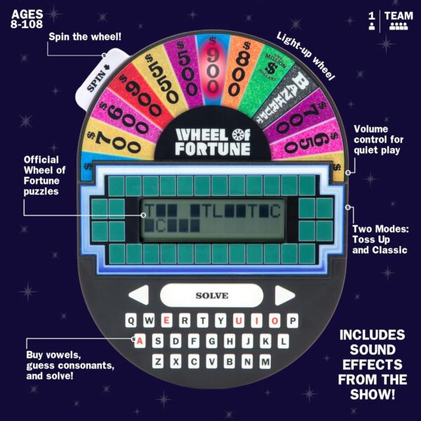 Educational Insights Wheel of Fortune Game - Handheld Electronic Game, Great for Travel, Classic Retro Party Games for Kids, Teens & Adults, Word Puzzle Challenge & Entertaining Gift for Ages 8+