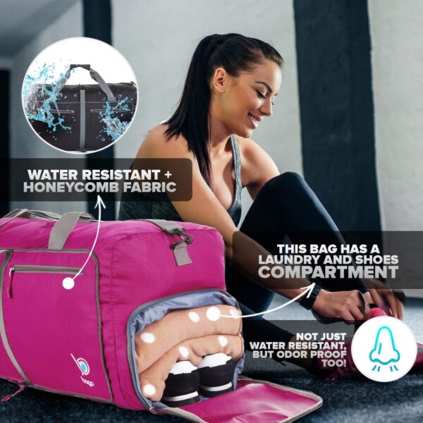 81P9DMMPaLL._AC_SL1500_.jpg Bago Foldable Duffel Bags for Traveling Women & Men - 60L Medium Packable Duffle Bag for Travel with Shoe Compartment - Water Repellant, Heavy Duty, Lightweight Folding & Collapsible (Pink)