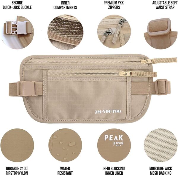 Money Belt for Travel - Hidden Travel Pouch Protect Your Credit and Money With RFID Blocking Passport Holder Waist Wallet (Khaki)