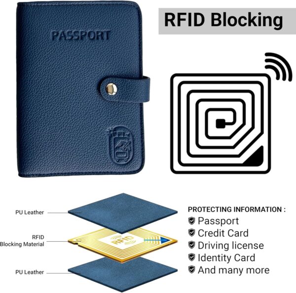Passport Holder for Travel RFID and Airtag Slot for Women/Men, Faux Leather Passport Holder & Travel Wallet with Security Luggage Tag (Navy Blue)