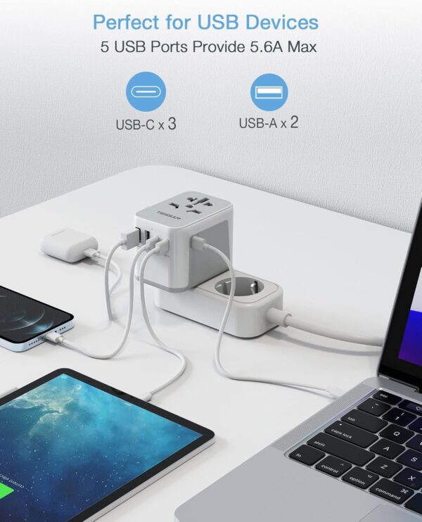 81UtMnFro0L._AC_SL1500_.jpg TESSAN Universal Travel Adapter, International Power Adapter 5.6A 28W 3 USB C 2 USB A Ports, Travel Worldwide Plug Adaptor, Outlet Wall Charger for Europe UK EU AUS (Type C/G/A/I)