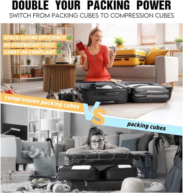 81YYmJD4qL._AC_SL1500_.jpg 10 Set Compression Packing Cubes for Travel Essentials,Compressible Expandable Packing Cubes for Suitcase,OlarHike Luggage Organizer Bags for Travel,Handy Helper for Organizing Clothes(Black)